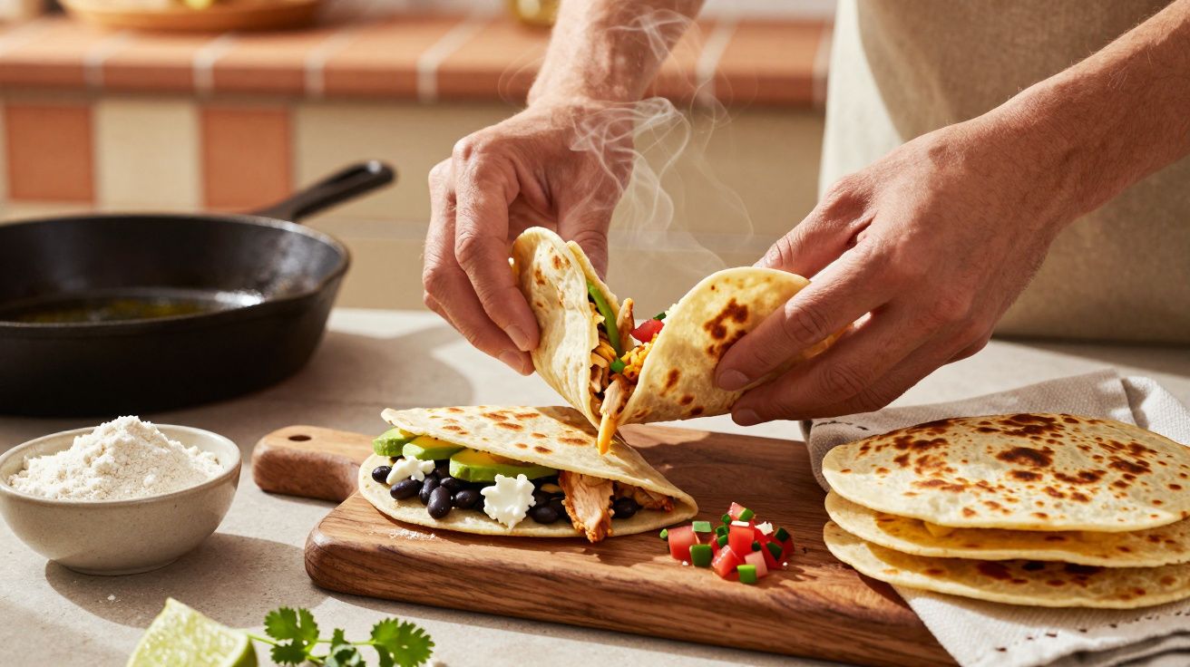 Pessoa a preparar tacos com vegetais frescos numa cozinha.