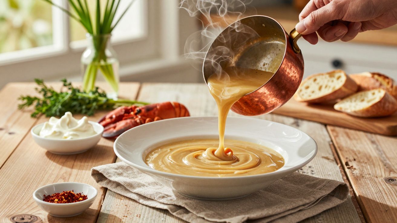 Sopa de marisco a ser servida de panela de cobre para prato fundo em mesa de madeira, pão e ingredientes ao fundo.