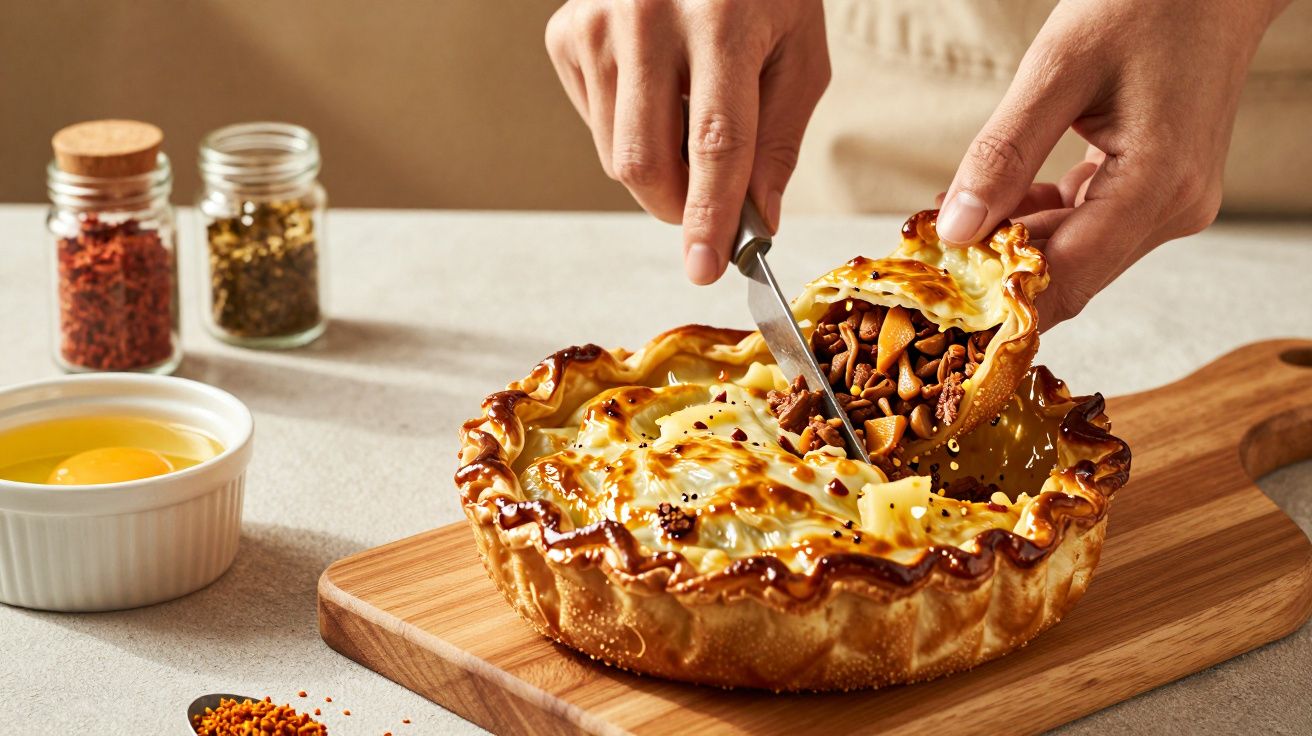 Mãos cortando uma torta de cogumelos em tábua de madeira, com especiarias e ovo ao lado.