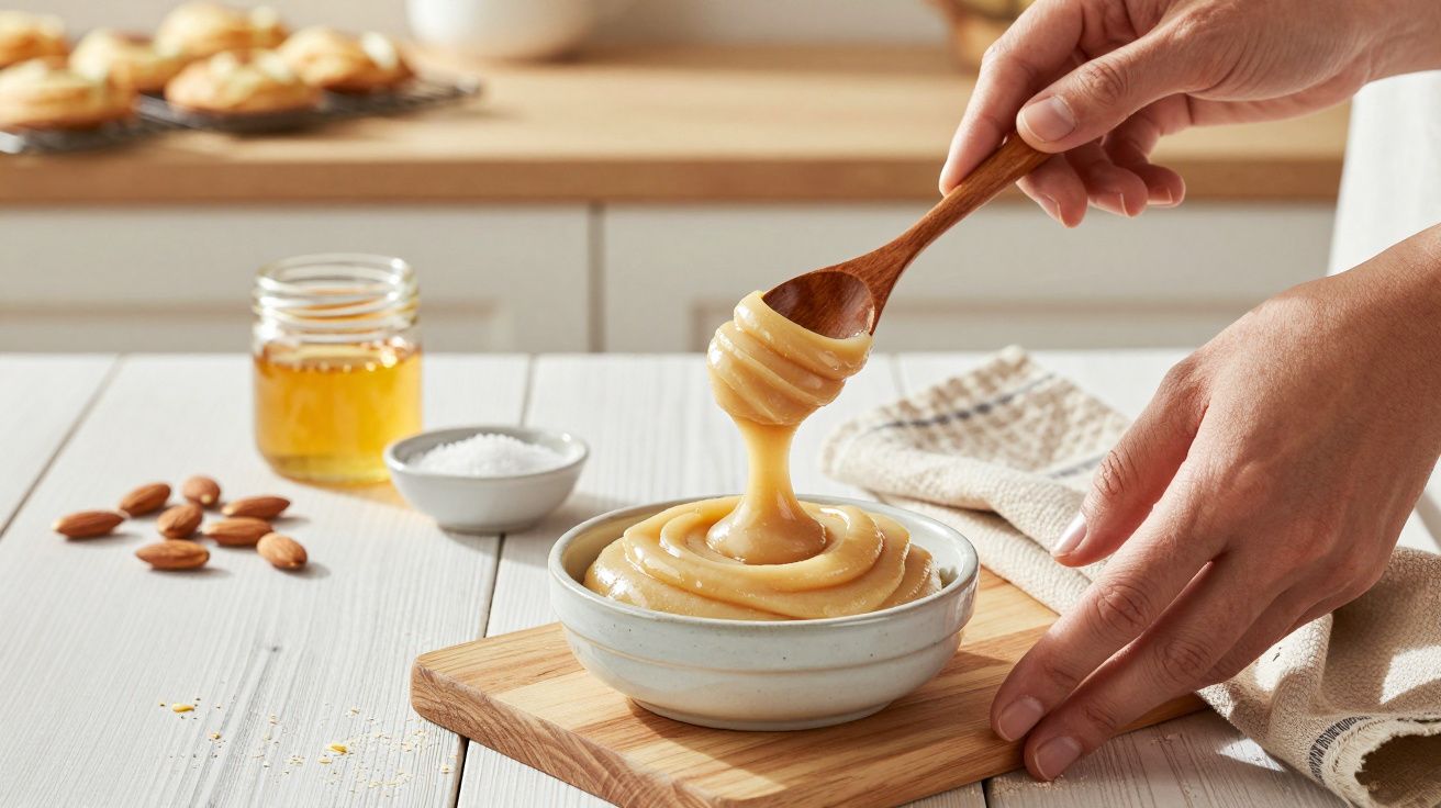 Mãos seguram colher com creme de mel em tigela; frasco de mel e amêndoas ao fundo em bancada de cozinha.