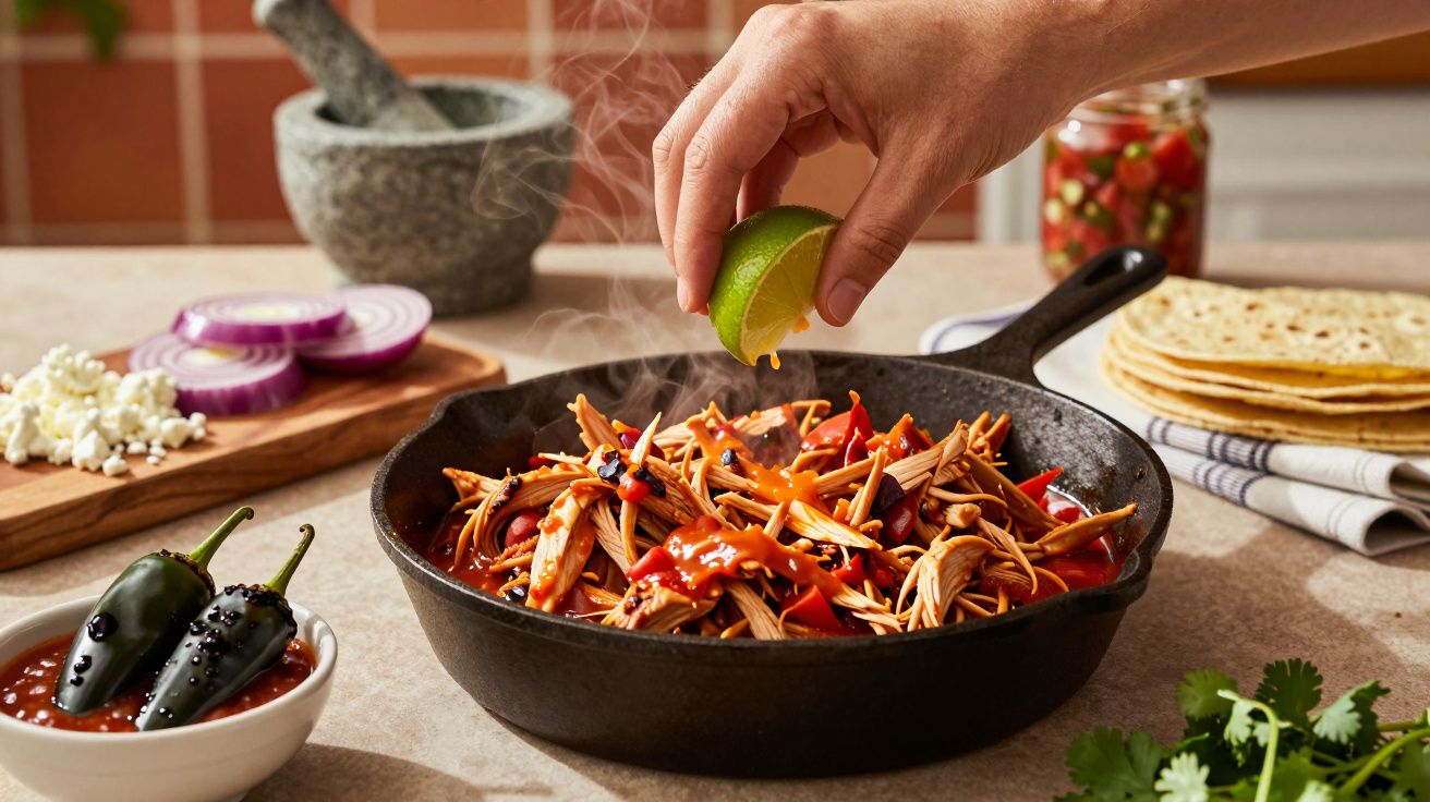 Mão espreme limão sobre carne desfiada em frigideira, com ingredientes ao redor, como cebolas, tortilhas e jalapeños.
