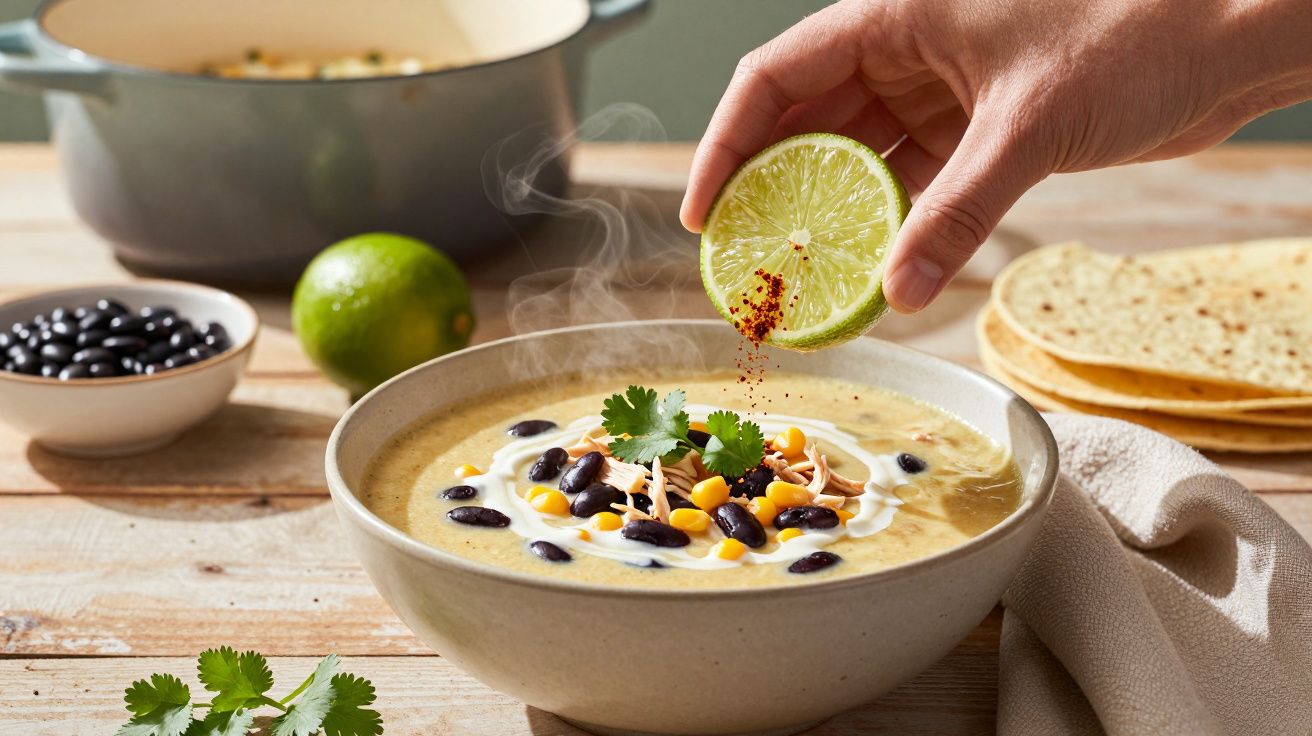 Mão adiciona chili e lima a uma sopa com feijão, milho e coentros, com tortilhas ao lado.