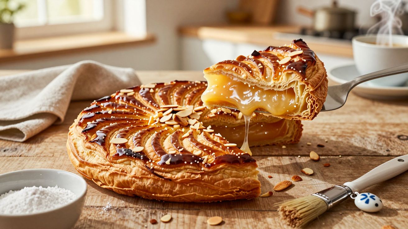 Tarte de maçã fatiada numa cozinha, com recheio cremoso e coberta de amêndoas tostadas.