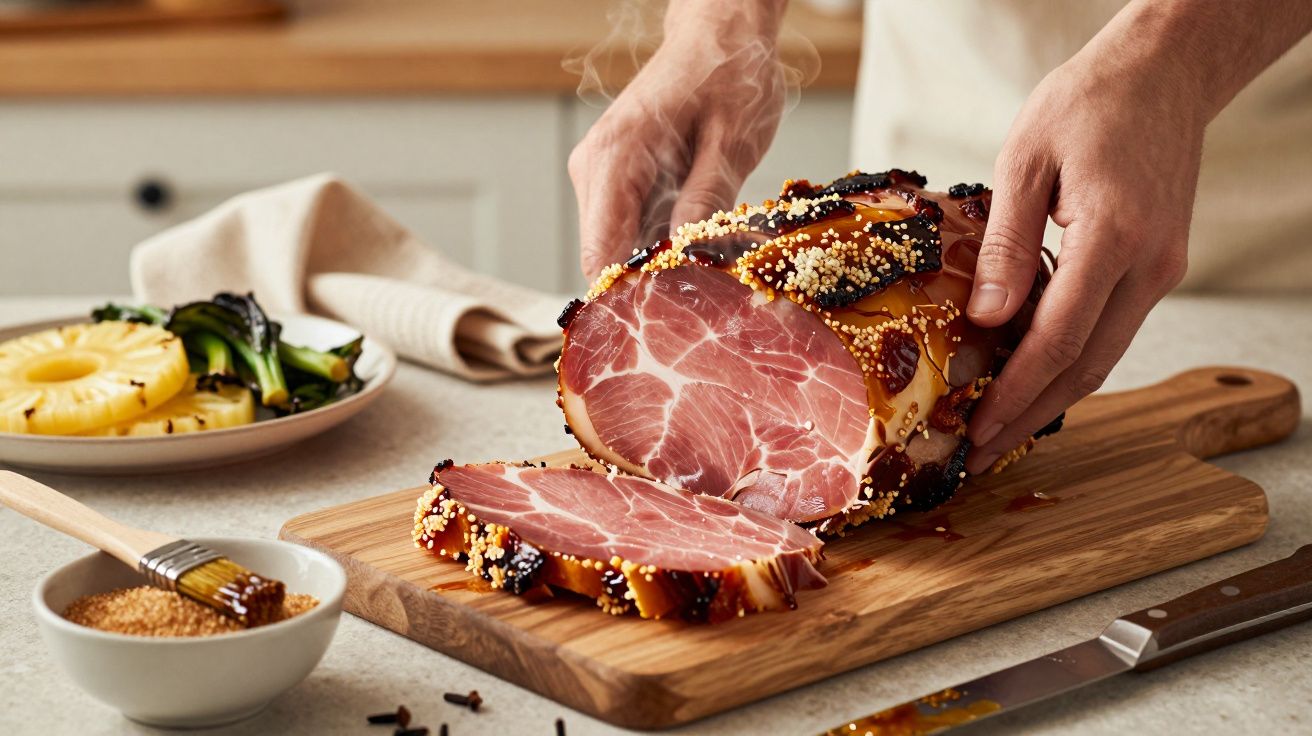 Mãos cortando presunto assado com especiarias num tabuleiro de madeira, ao lado de anéis de ananás e utensílios de cozinha.