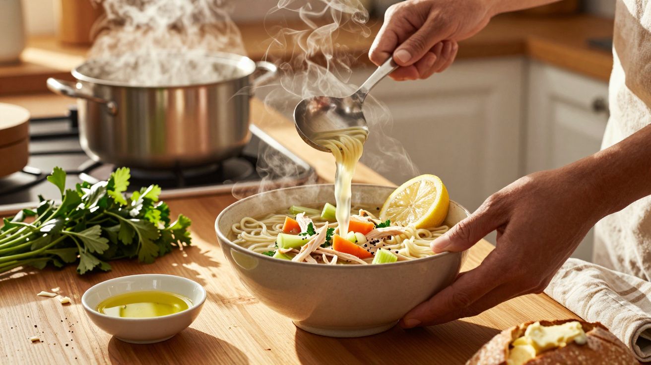 Pessoa a servir sopa de noodles e legumes numa tigela, com uma fatia de limão ao lado, em cozinha bem iluminada.