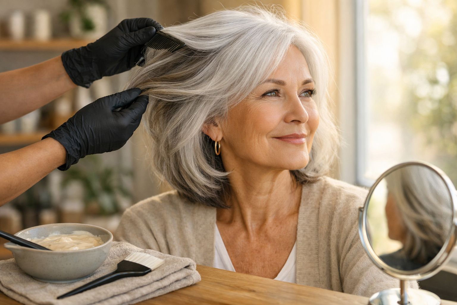Mulher a sorrir no salão de beleza, segura um espelho enquanto alguém penteia o seu cabelo grisalho.